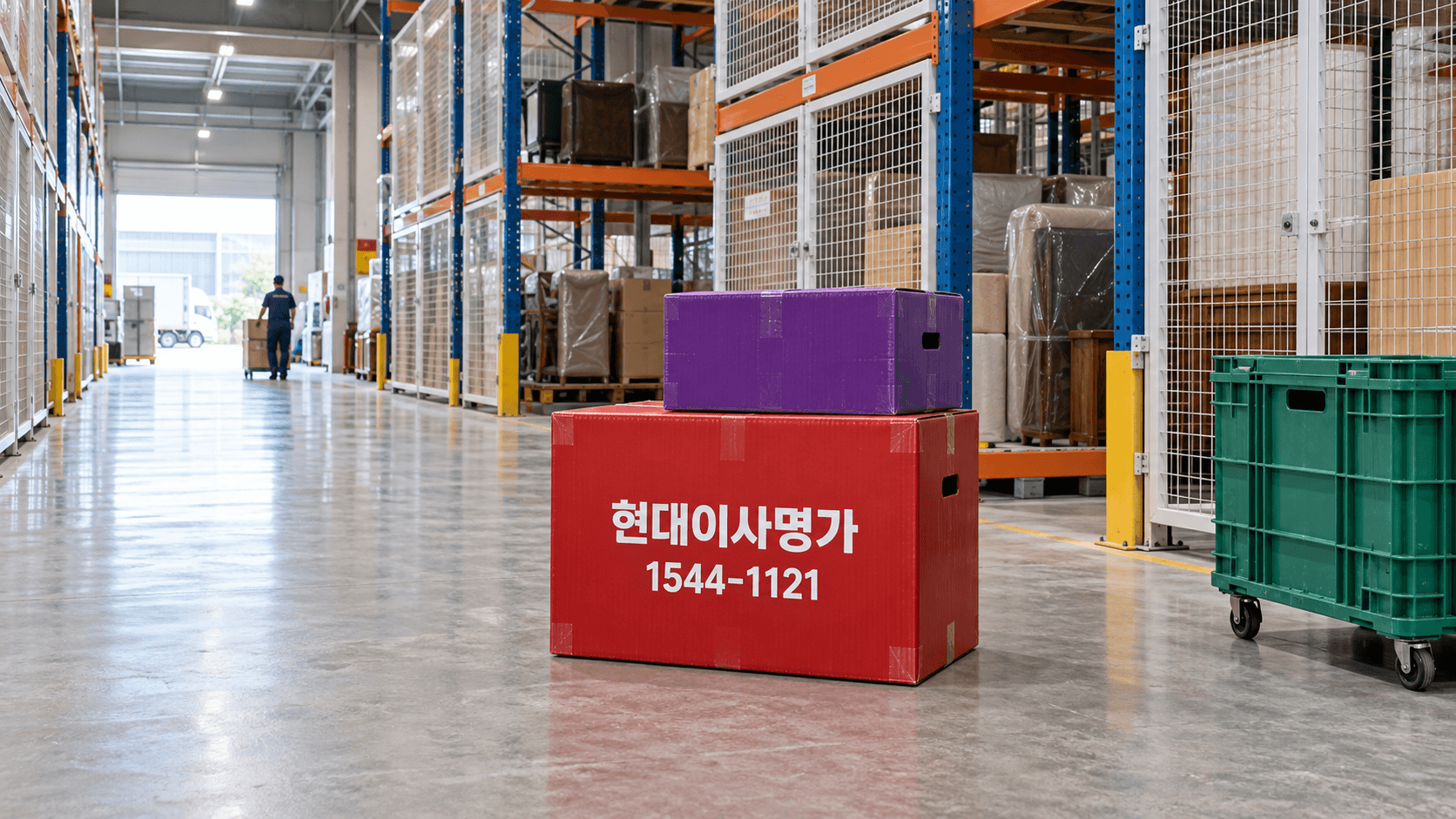현대이사명가 박스가 놓인 물류창고 통로